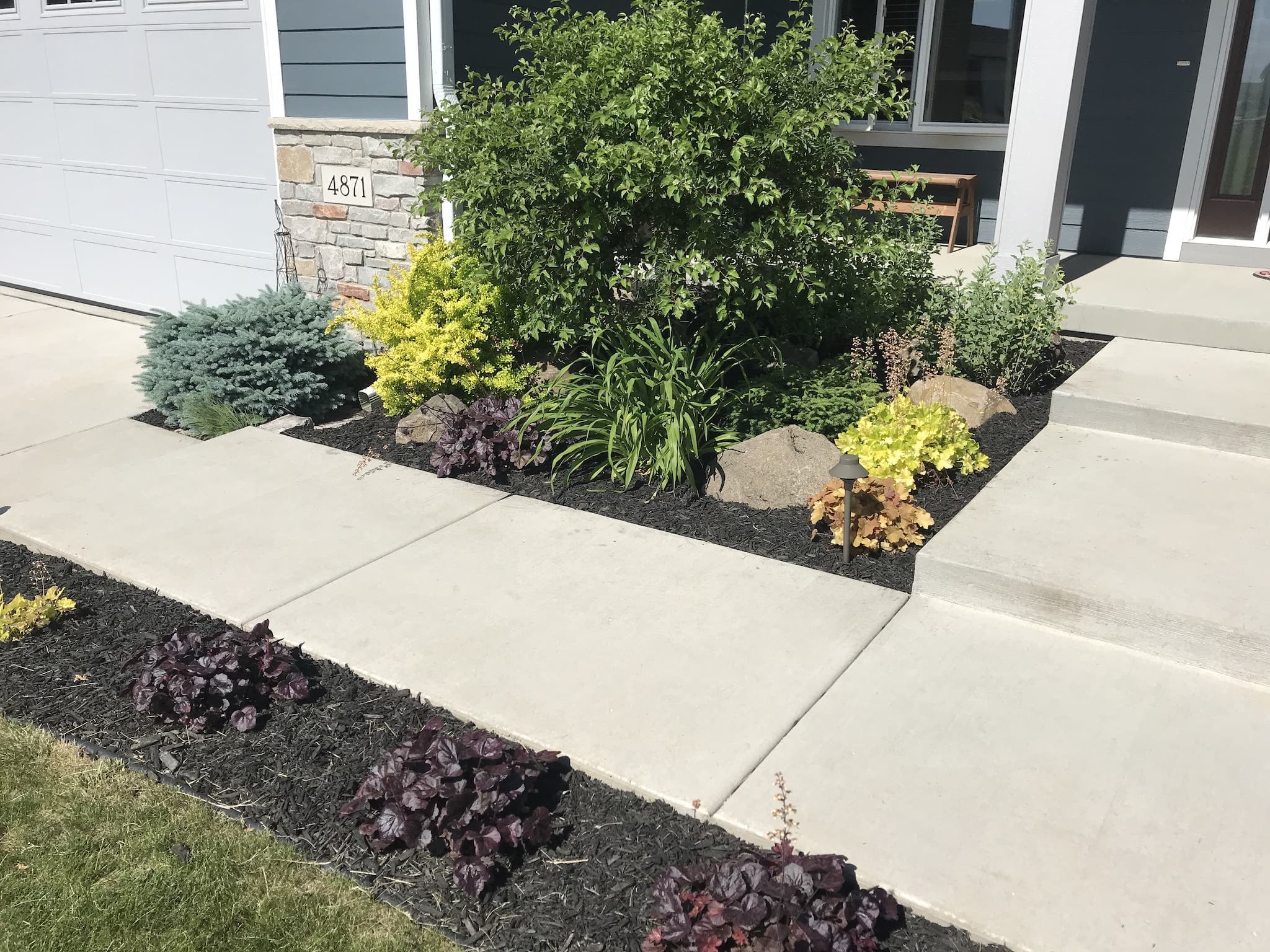 Well-landscaped home entrance with colorful plants and walkway.
